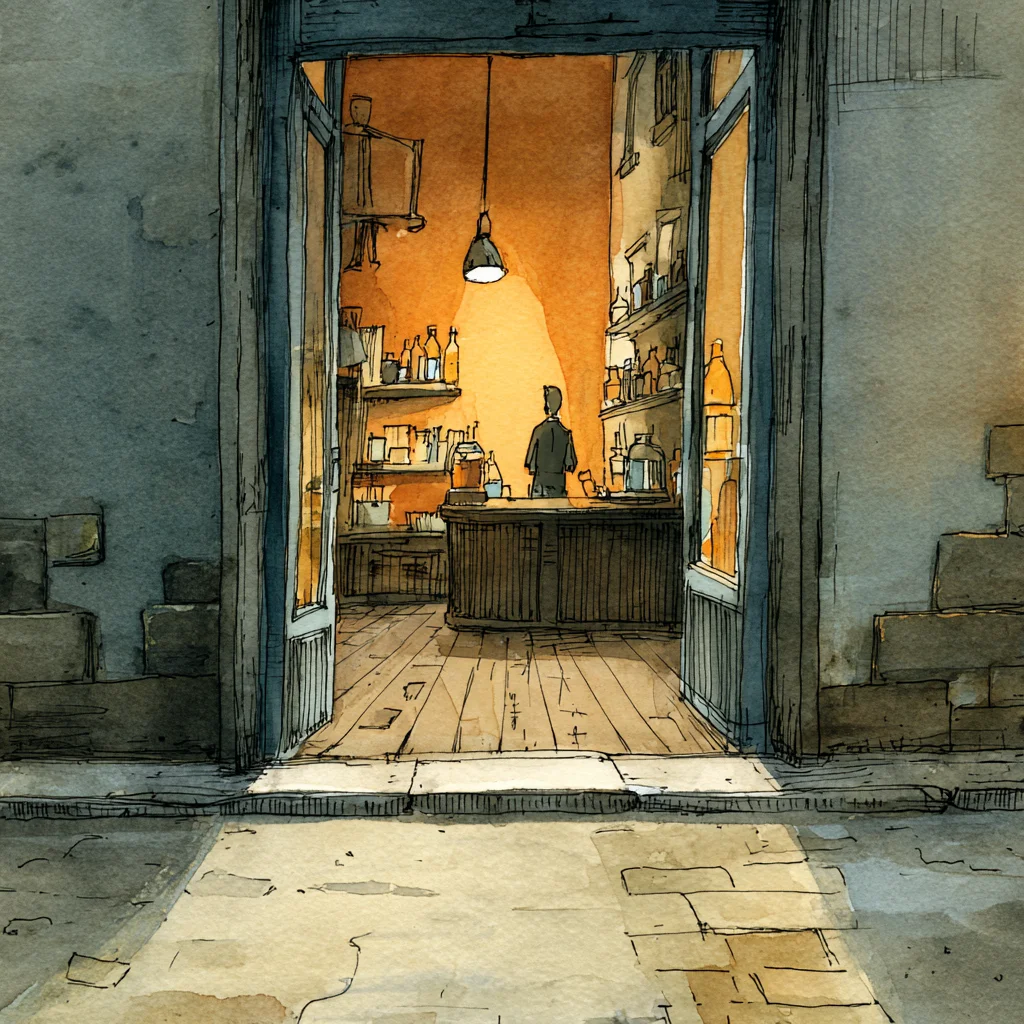 Watercolor illustration of a shop interior viewed from the doorway, a silhouetted figure waiting behind the counter